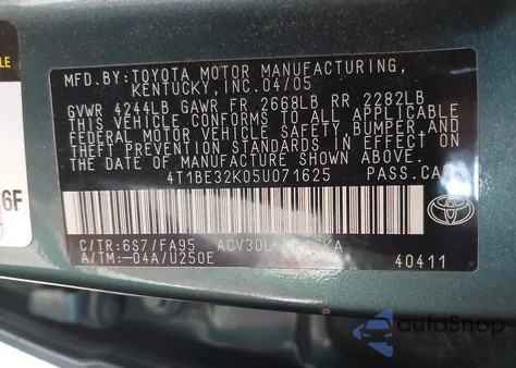 2005 Toyota Camry Xle из США, поврежденный, VIN 4T1BE32K05U071625